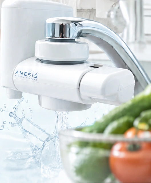 キッチンの蛇口に取り付けられたアネシスの浄水器