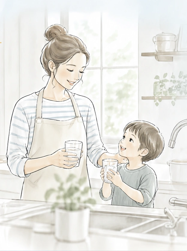 キッチンでコップを持って微笑み合う親子のイラスト