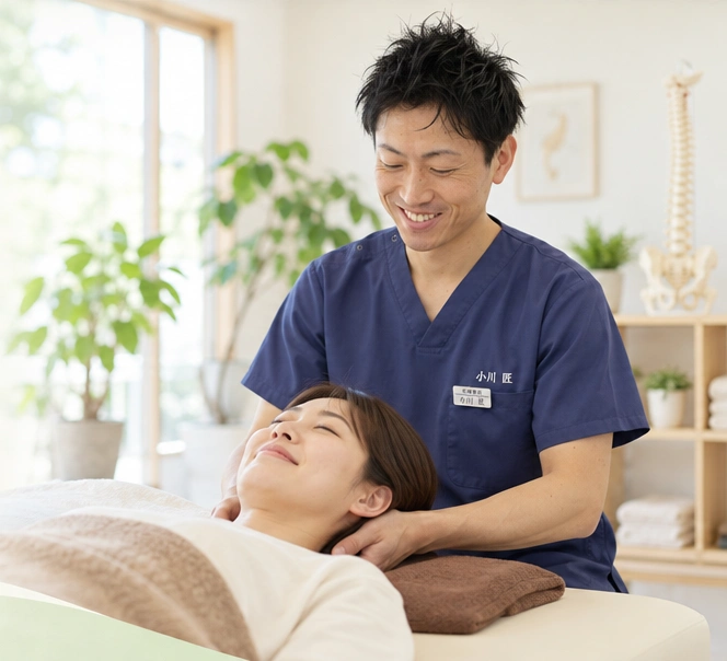 明るい施術室で、首元を丁寧にケアする施術者